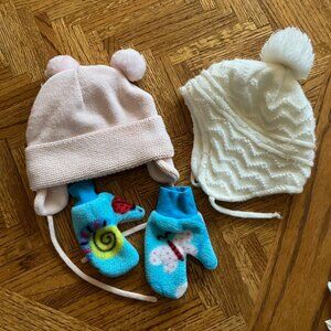 2 Knit Fleece-lined Winter Baby Hats & Mittens